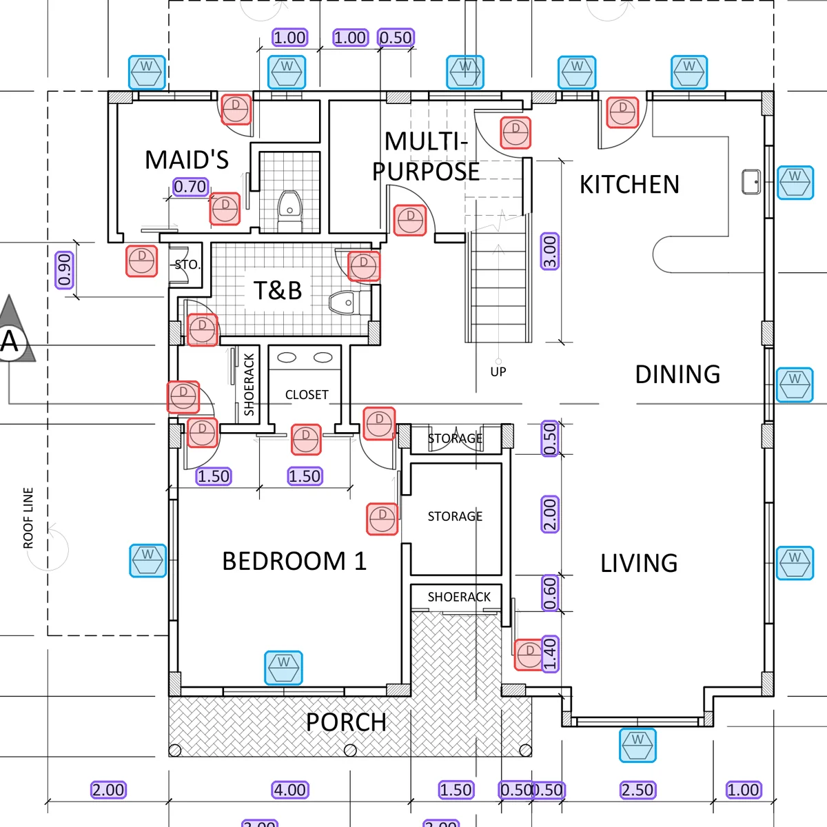 Floor plan with door and window symbols located as bounding boxes